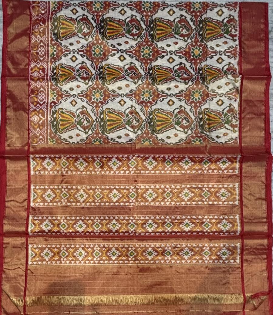 Pochampally Ikat Silk Tissue Patola Saree with Red & Gold Zari Border