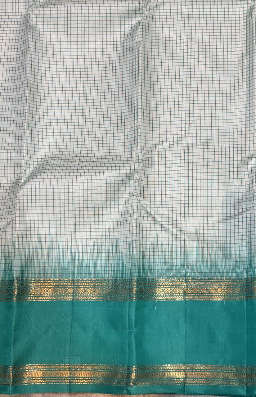 Light Blue & Emerald Green Kanchi Silk Saree with Checked Body & Zari Border