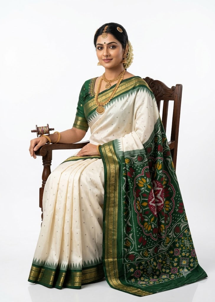Traditional handwoven pure silk Patola Ikkat saree featuring a pristine white body with small motifs, a rich dark green pallu with an intricate floral mandala design, and golden zari temple borders, worn by a seated Indian model against a white background.