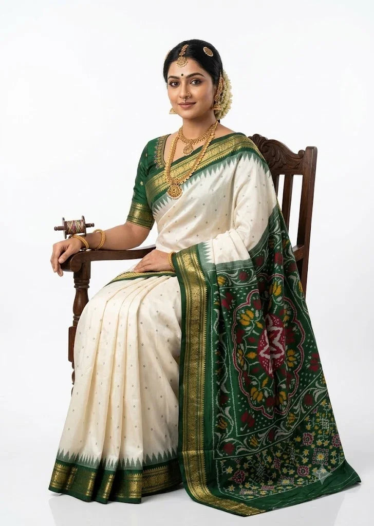 Traditional handwoven pure silk Patola Ikkat saree featuring a pristine white body with small motifs, a rich dark green pallu with an intricate floral mandala design, and golden zari temple borders, worn by a seated Indian model against a white background.