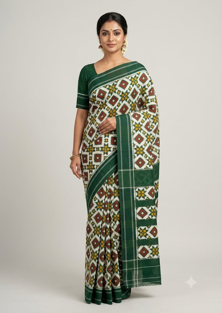 Model standing against a neutral backdrop wearing an authentic Telia Rumal handloom cotton saree in green and white with geometric patterns, traditional jewelry, and a bun with flowers.