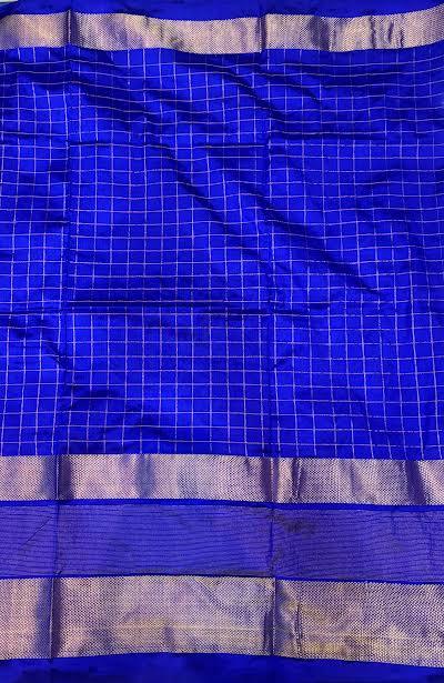 Ikkat Silk Designer Off-White & Royal Blue with Checked Blouse Saree