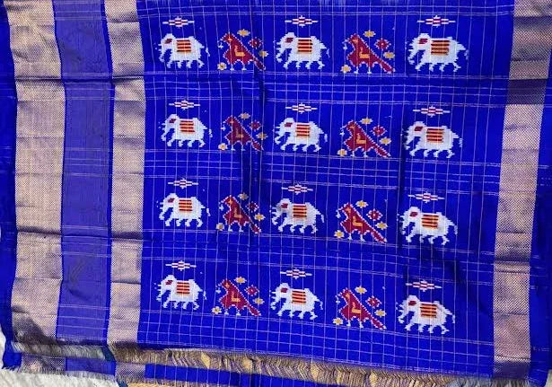 Ikkat Silk Designer Off-White & Royal Blue with Checked Blouse Saree