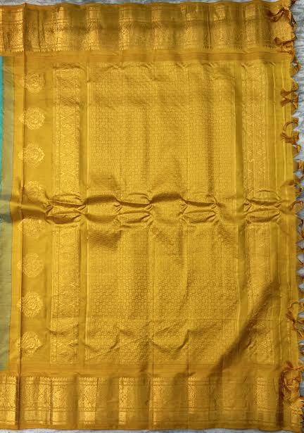 Pure Gadwal Silk Saree in Turquoise Blue and Mustard Yellow