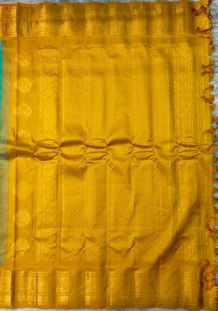 Pure Gadwal Silk Saree in Turquoise Blue and Mustard Yellow - pochampallysarees.com