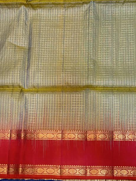 Pure Kanchipuram Silk Saree in Sage Green & Crimson Red with Silk Mark Certification