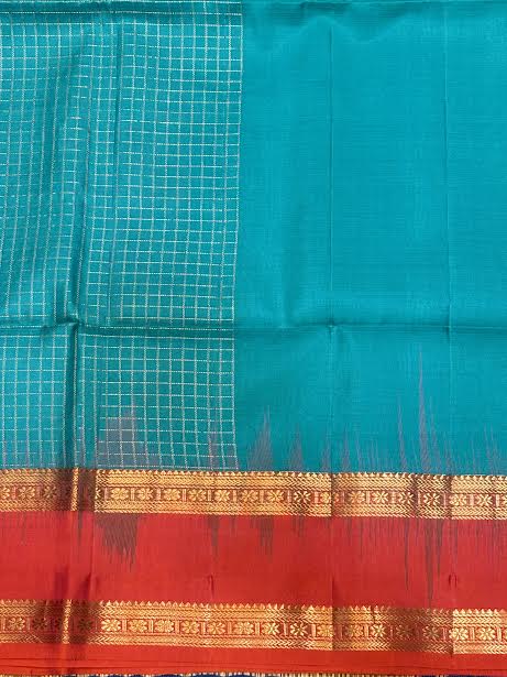 Silk Mark Certified Pure Kanchipuram Silk Saree in Teal Cyan with Contrast Red Zari Border