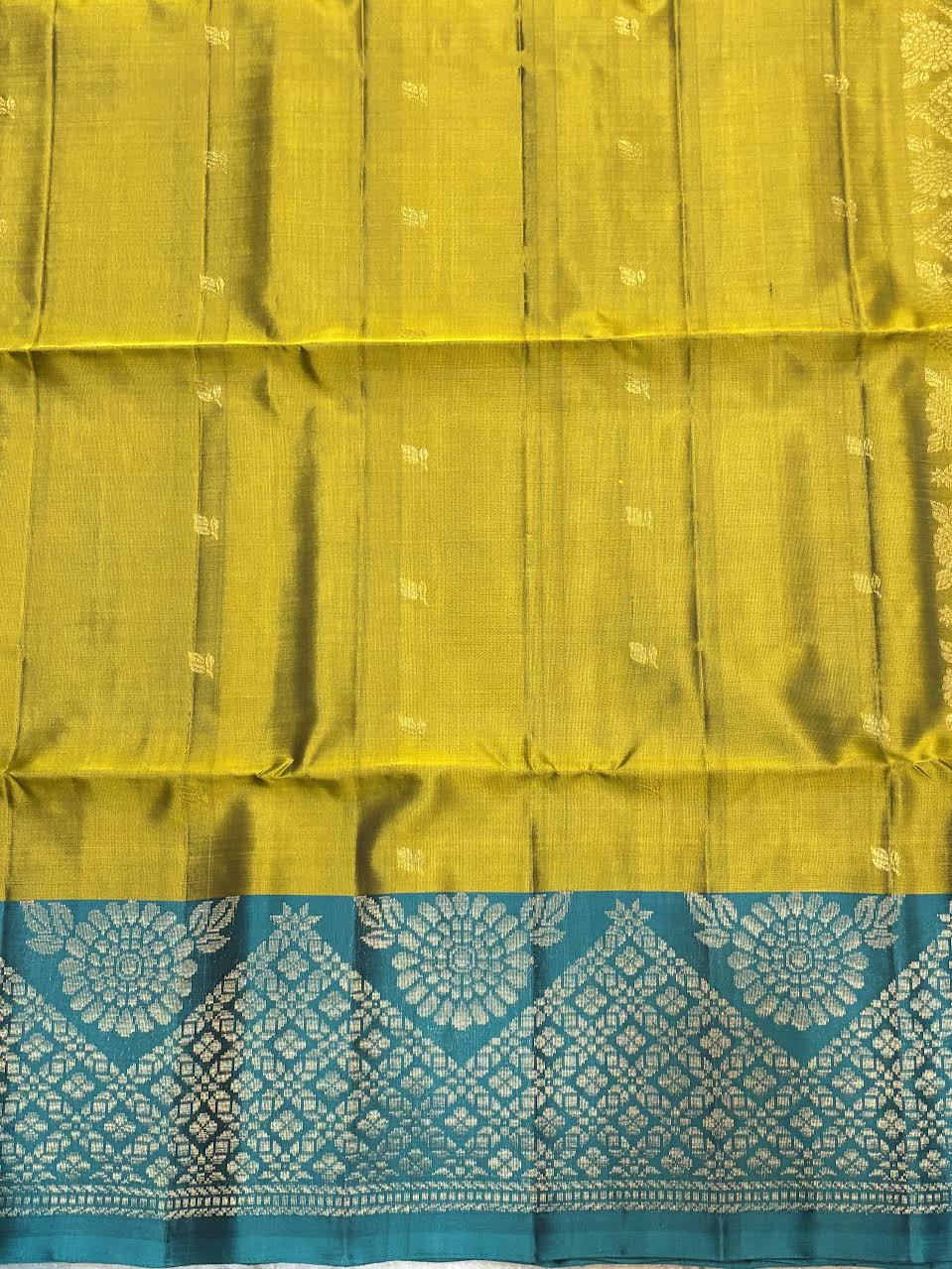 Mustard Olive Green & Peacock Teal Kanchipuram Soft Silk Saree (Silk Mark Certified)