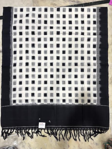 Monochrome Jet Black & Off-White Handloom Double Ikkat Cotton Dress Material Set with Temple Border Dupatta-d40