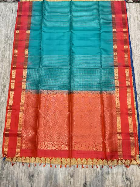 Silk Mark Certified Pure Kanchipuram Silk Saree in Teal Cyan with Contrast Red Zari Border