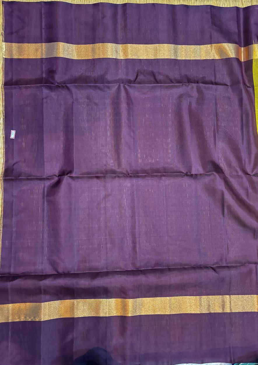 Lemon Yellow & Deep Wine Kanchi Pattu Soft Silk Saree (Silk Mark Certified)