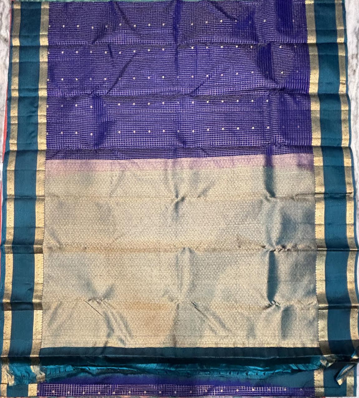 Traditional Violet Kanchipuram Checks Silk Saree with Teal & Gold Border