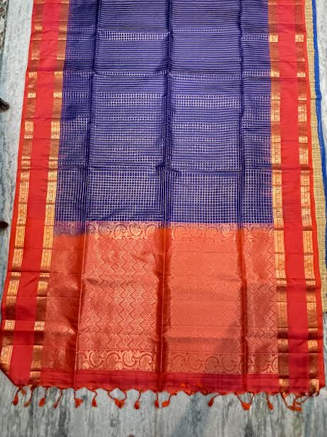 Handwoven Pure Kanchipuram Silk Saree - Regal Blue with Contrast Red Zari Border | Silk Mark Certified