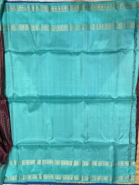 Wine Plum Kanchi Soft Silk Saree with Contrast Sea Green Zari Border With Silk Mark