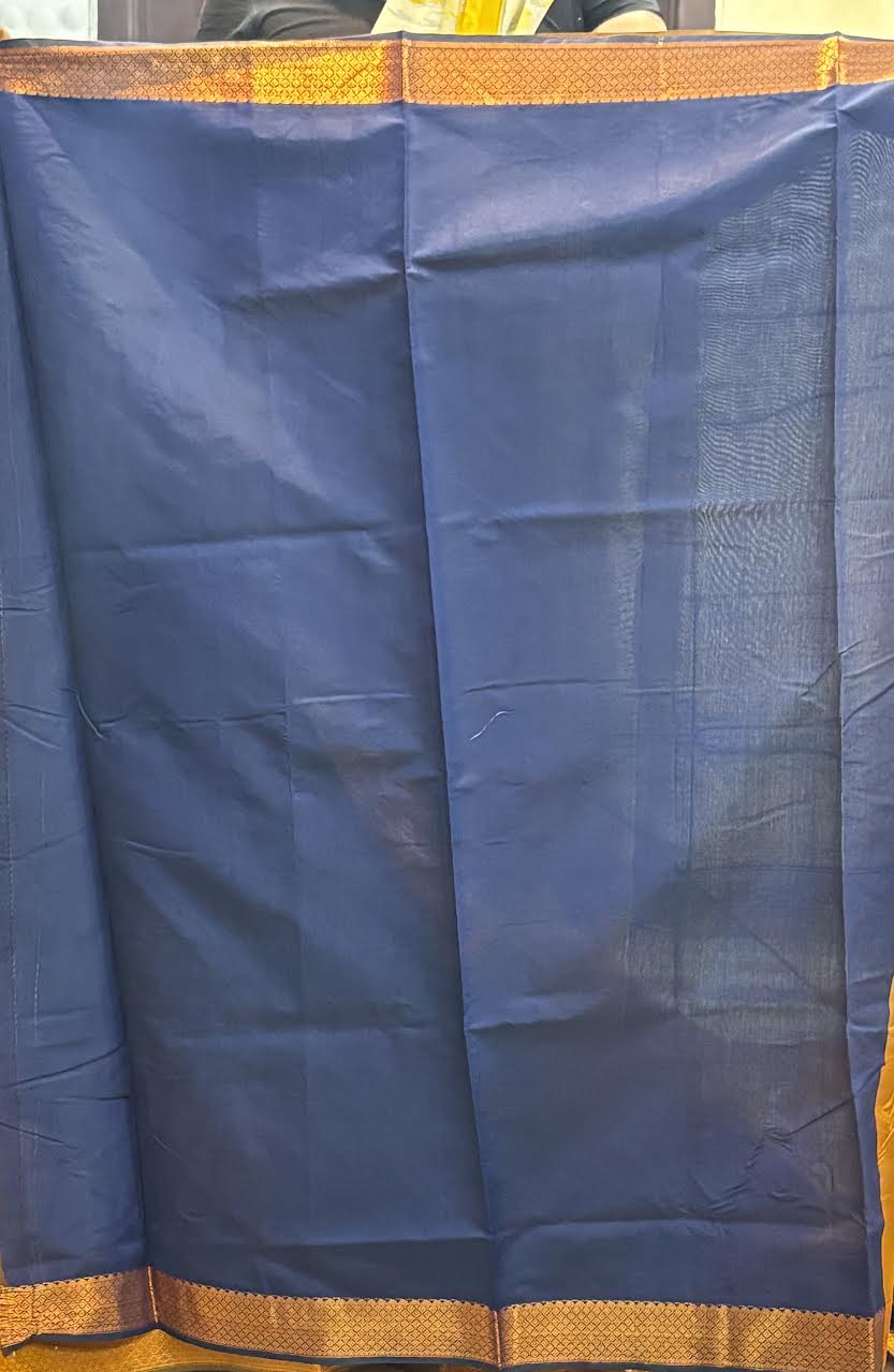 Mustard Yellow and Navy Blue Kuppadam Pattu Saree with Wave Zari Weave