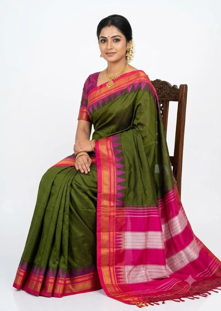 Olive Green Gadwal Silk Saree with Magenta Pink Pallu & Temple Border - pochampallysarees.com