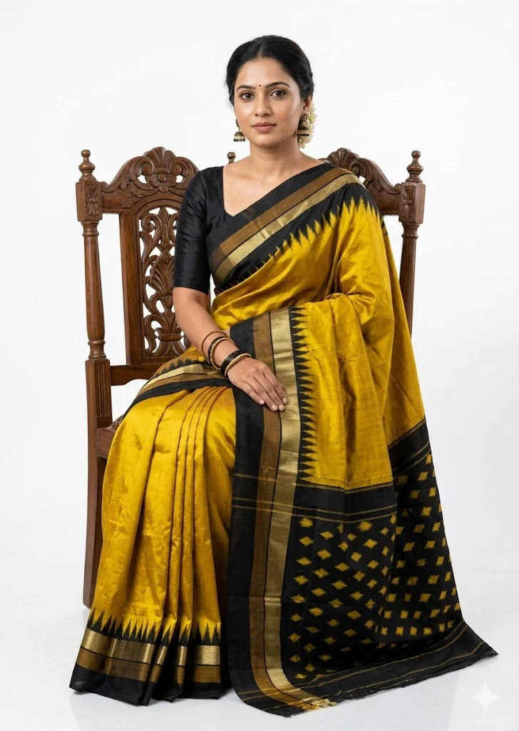 Striking Golden Yellow & Black Temple Border Ikkat Silk Saree - pochampallysarees.com
