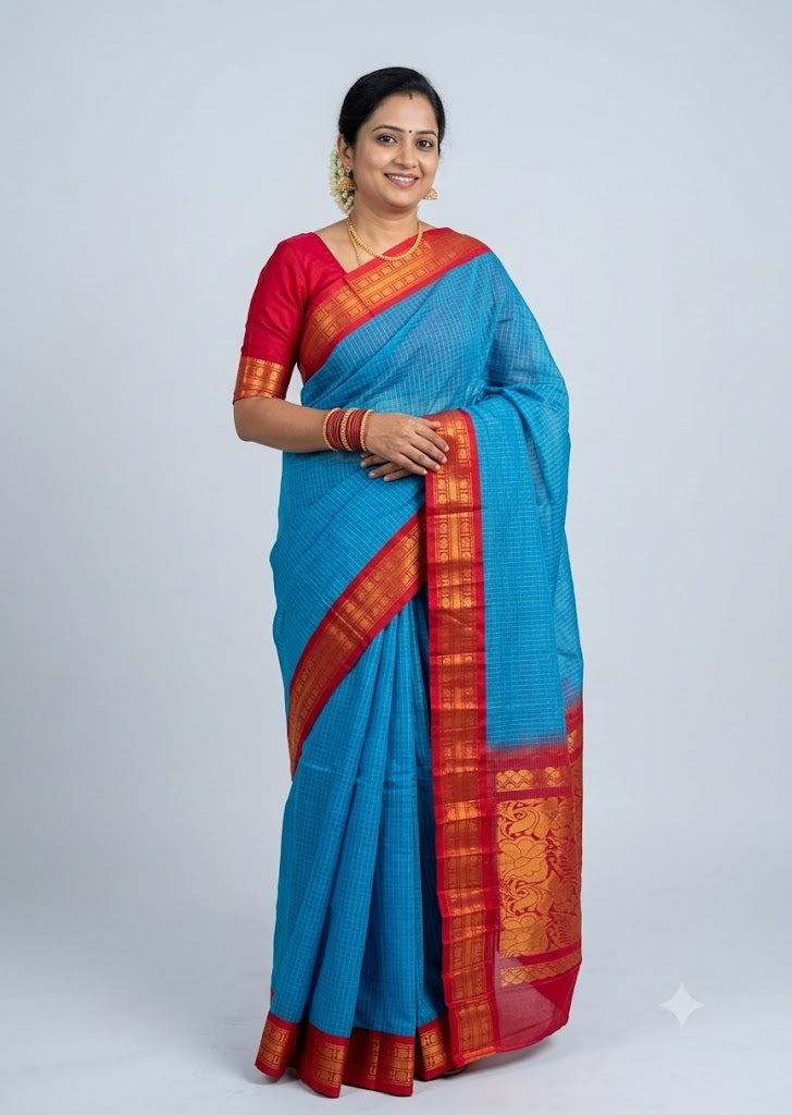 Traditional Sky Blue Gadwal Cotton Saree with Red Zari Border gs21