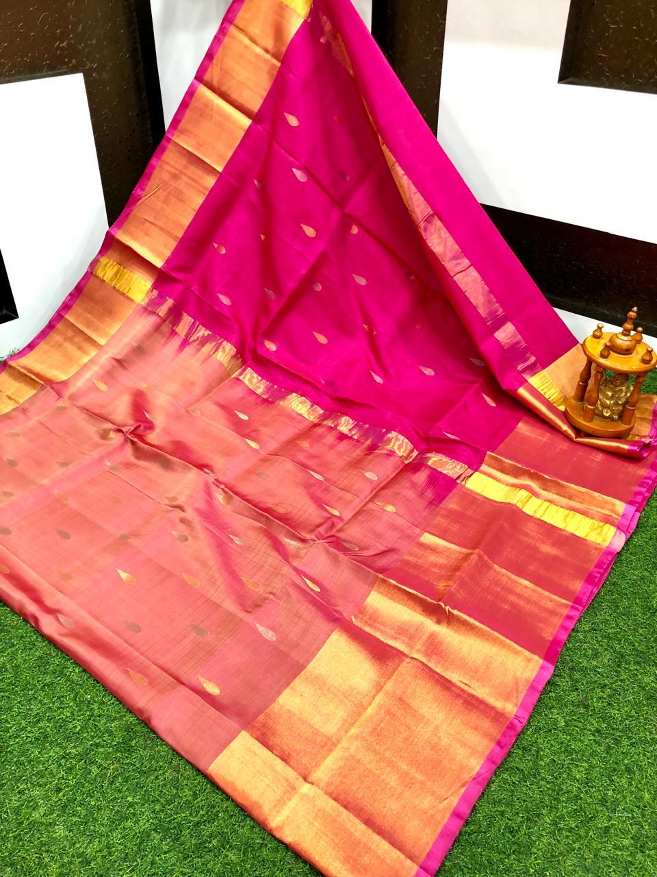 Exquisite Bright Pink Uppada Pattu Saree with Gold Zari Motifs - pochampallysarees.com
