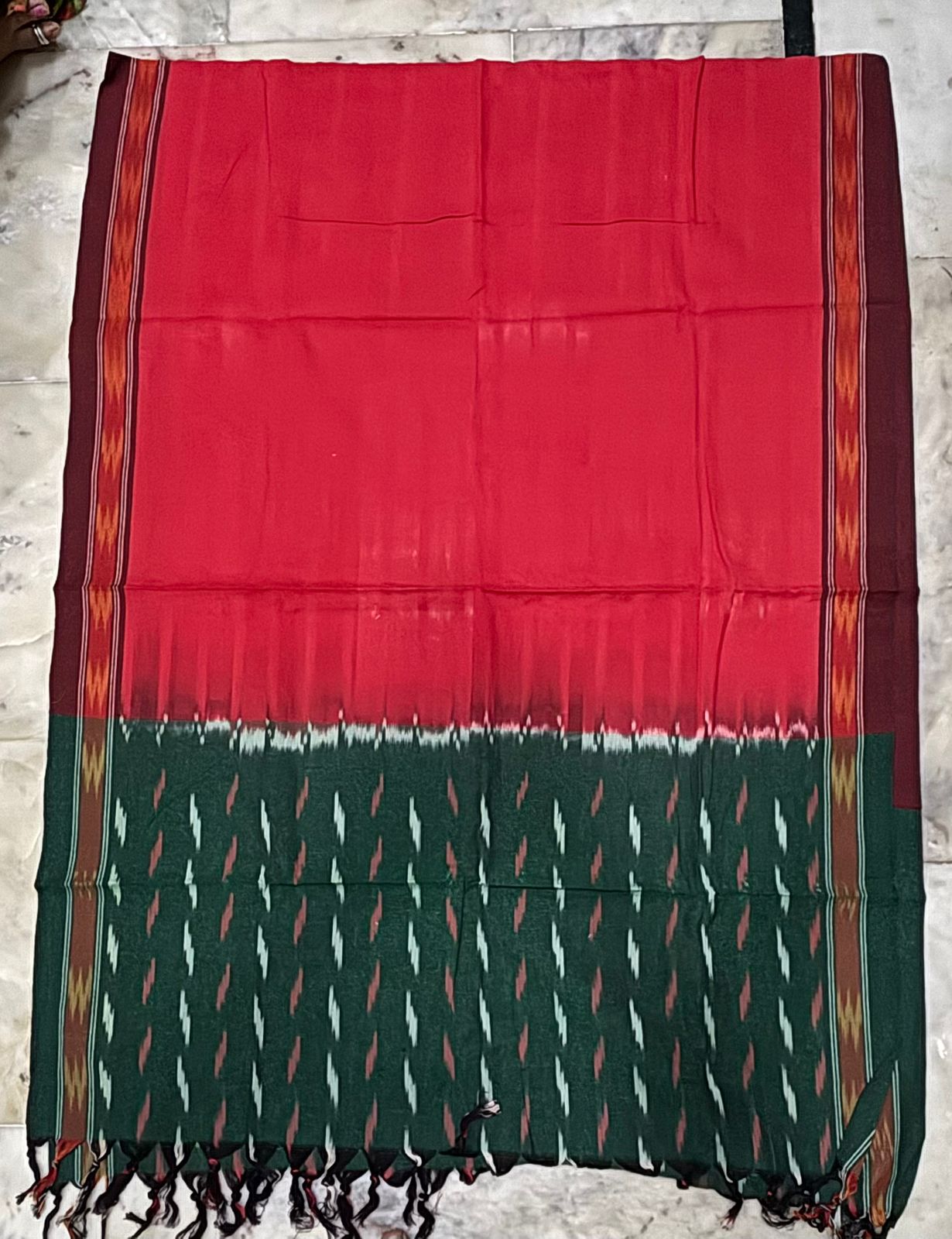 Pure Handloom Ikat Dark Green and Red Unstitched Suit Set