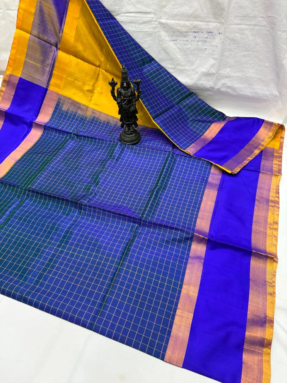 Vibrant Yellow & Royal Blue Checkered Uppada Pattu Saree - pochampallysarees.com