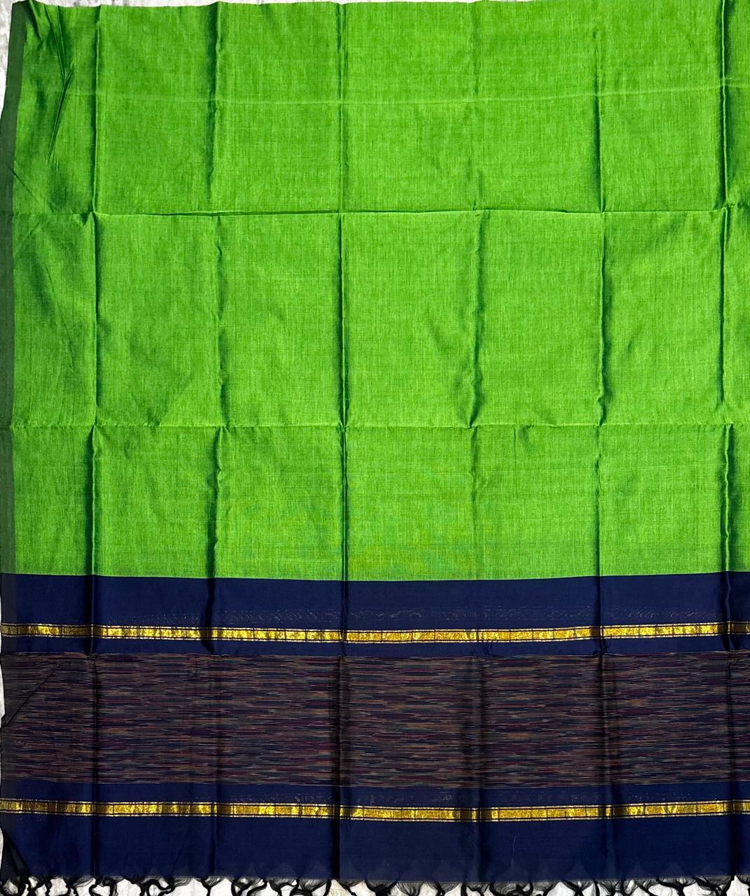 Navy Blue Handloom-Look Kurta Set with Ikat Border, Green Pants & Dupatta (Set of 3)