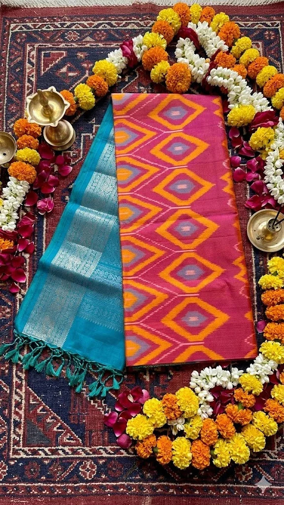 Kanchi Pure Soft Silk Ikat Orange and Blue Saree - pochampallysarees.com