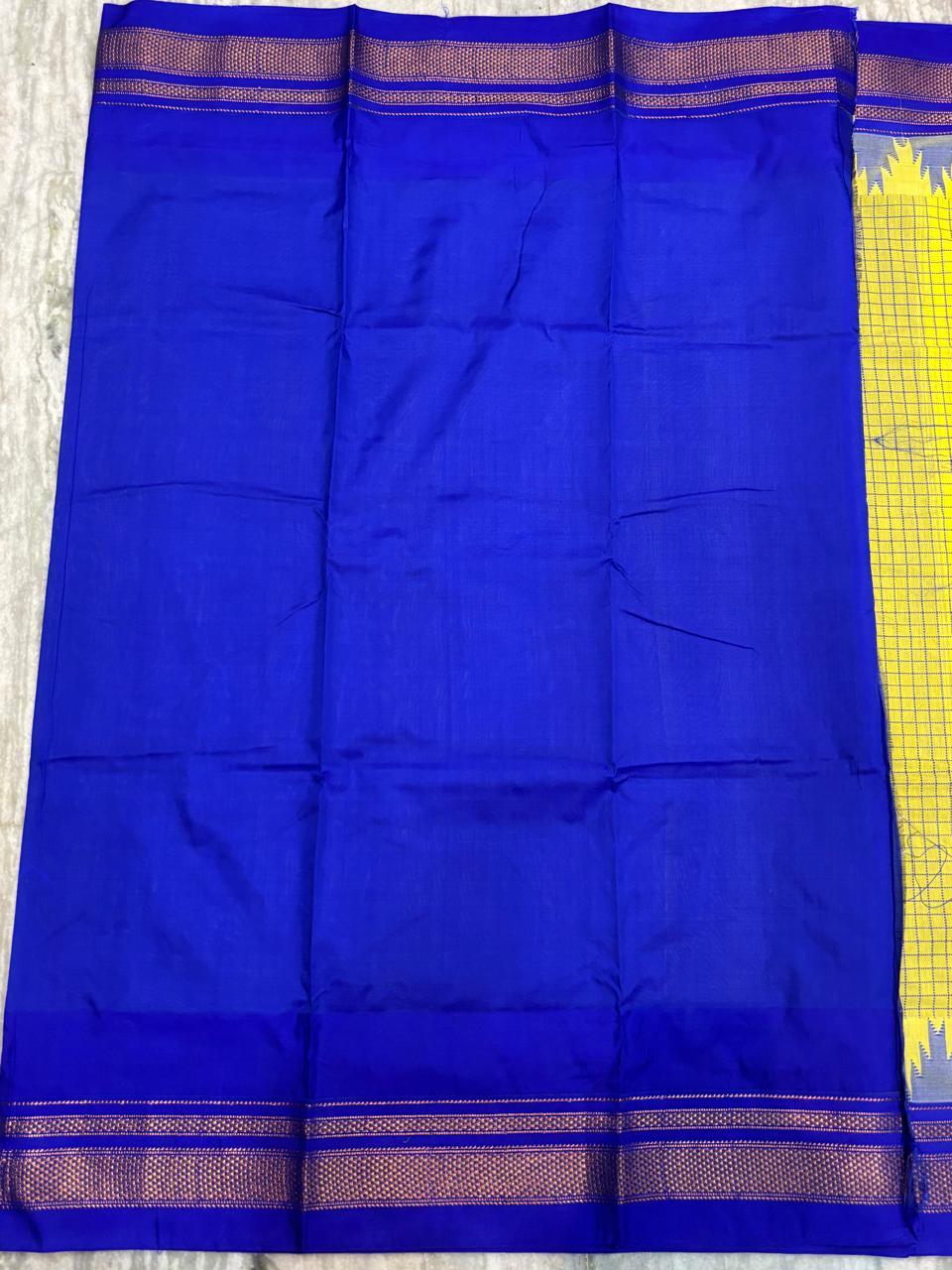 Mustard Yellow & Royal Blue Kanchipuram Handloom Silk Saree - pochampallysarees.com