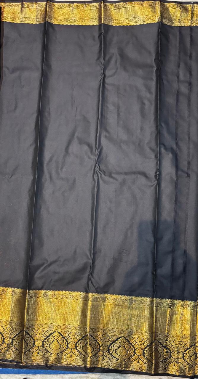 Classic Black & Antique Gold Semi Dharmavaram Silk Saree with Zari Checks and Brocade Pallu