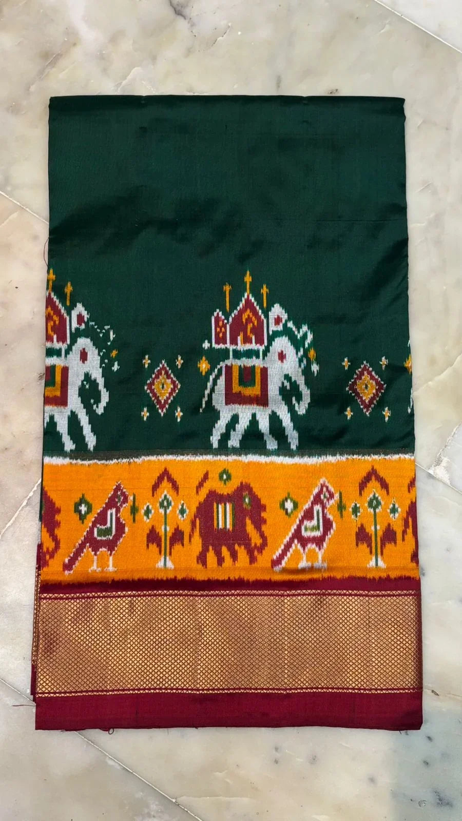 Bottle Green & Maroon Pochampally Ikkat Silk Saree - pochampallysarees.com