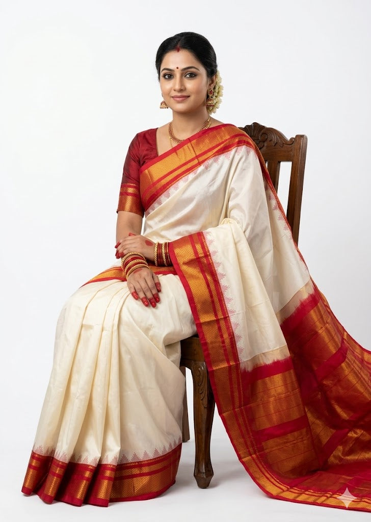 Elegant Off-White & Red Gadwal Silk Saree with Gold Zari Border