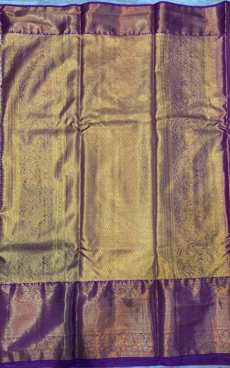 Dharmavaram Pattu Silk Saree Light Yellow & Purple Sari - pochampallysarees.com