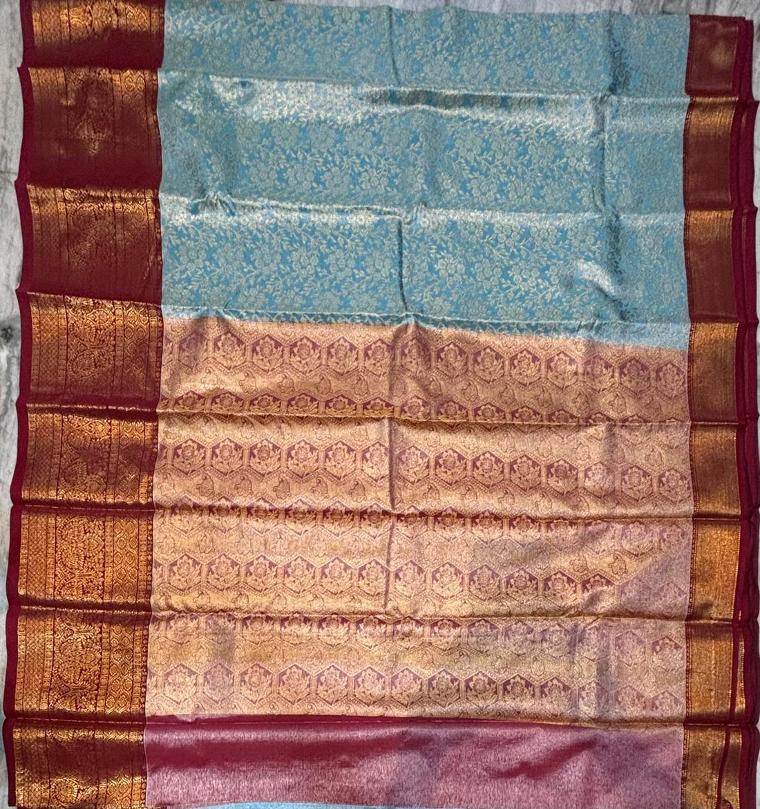 Dharmavaram Pattu Silk Saree – Sky Blue with Traditional Maroon Pallu & Zari Border - pochampallysarees.com