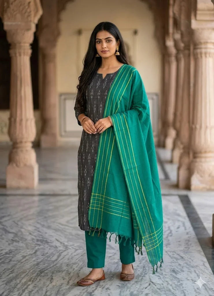 Pure Handloom Ikat Charcoal Grey and Teal Green Unstitched Suit Set - pochampallysarees.com