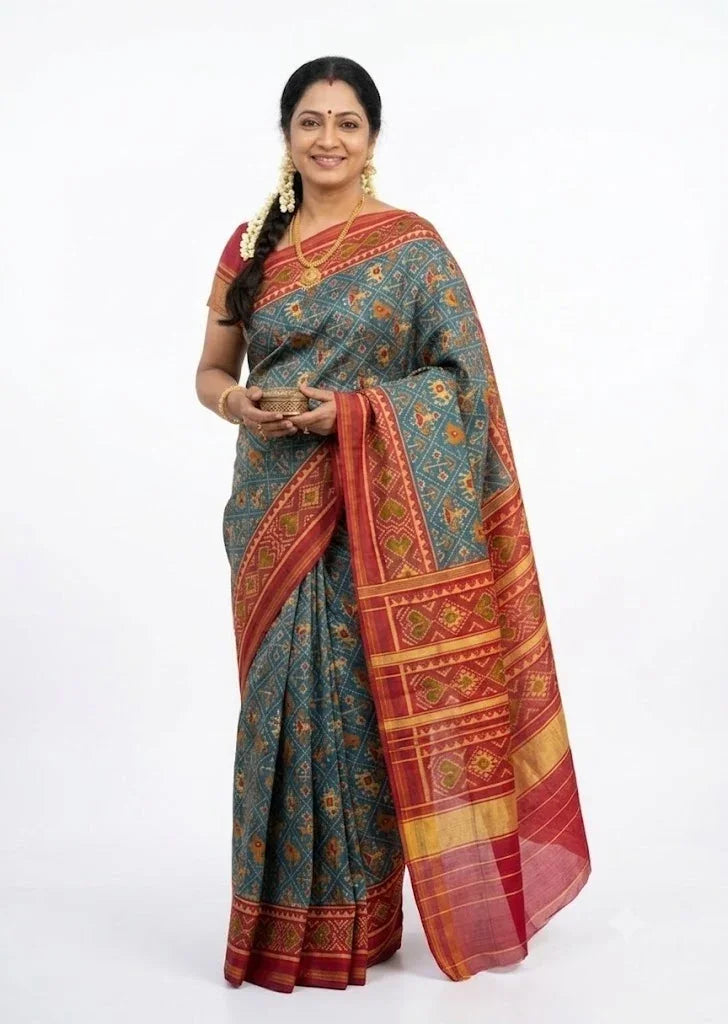 Handloom Ikat Real Patola Silk Saree – Classic Blue & Maroon - pochampallysarees.com