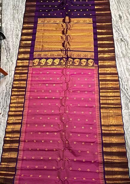 Light Red Checks Gadwal Silk Saree with Chocolate Brown Zari Pallu & Blouse - pochampallysarees.com