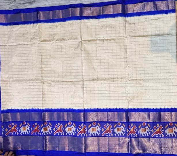 Ikkat Silk Designer Off-White & Royal Blue with Checked Blouse Saree