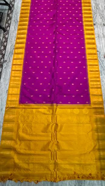 Pure Gadwal Silk Saree in Magenta and Mustard Yellow with Zari Border - pochampallysarees.com