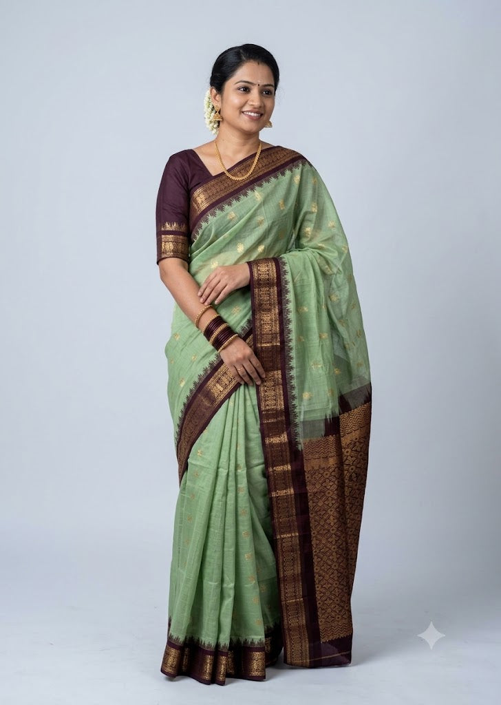 Traditional Light Green Gadwal Cotton Saree with Dark Maroon Zari Border gs26