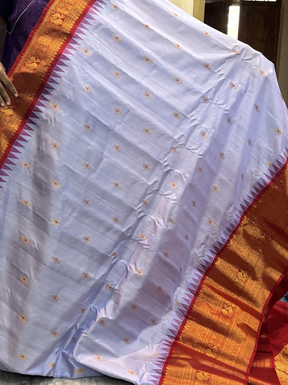 PURE GADWAL SILK BODY BUTTI SKY BLUE PALLU  RED BIG BORDER AND BLOUSE RED SAREE - pochampallysarees.com