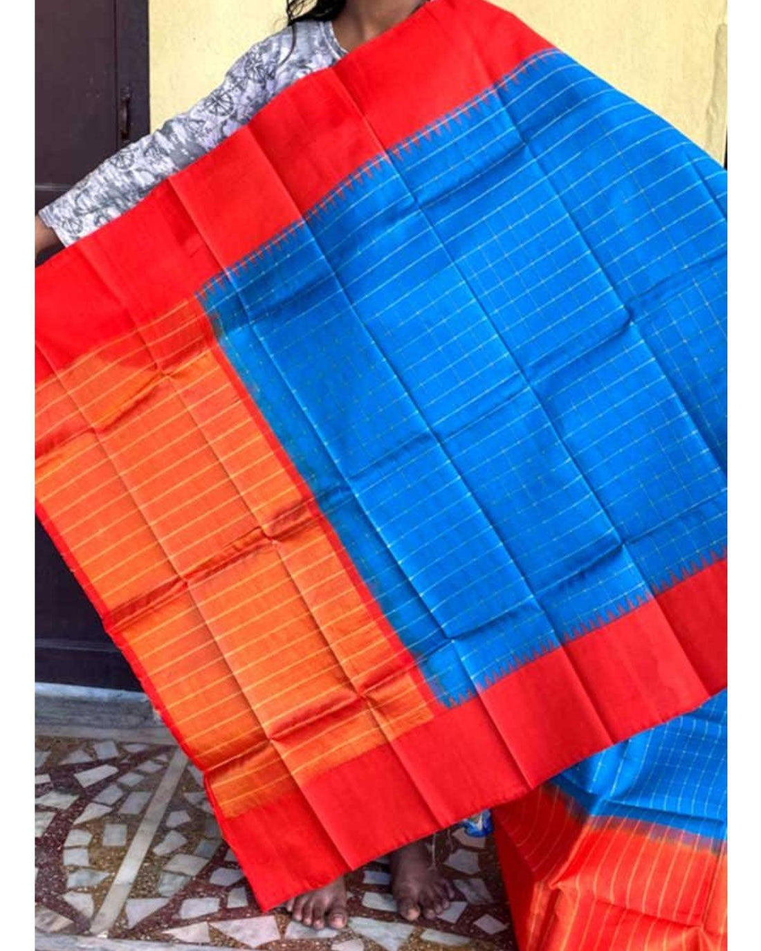 GADWAL PATTU ANANDA BLUE WITH RED COLOR DUPATTA-GSD15 - pochampallysarees.com