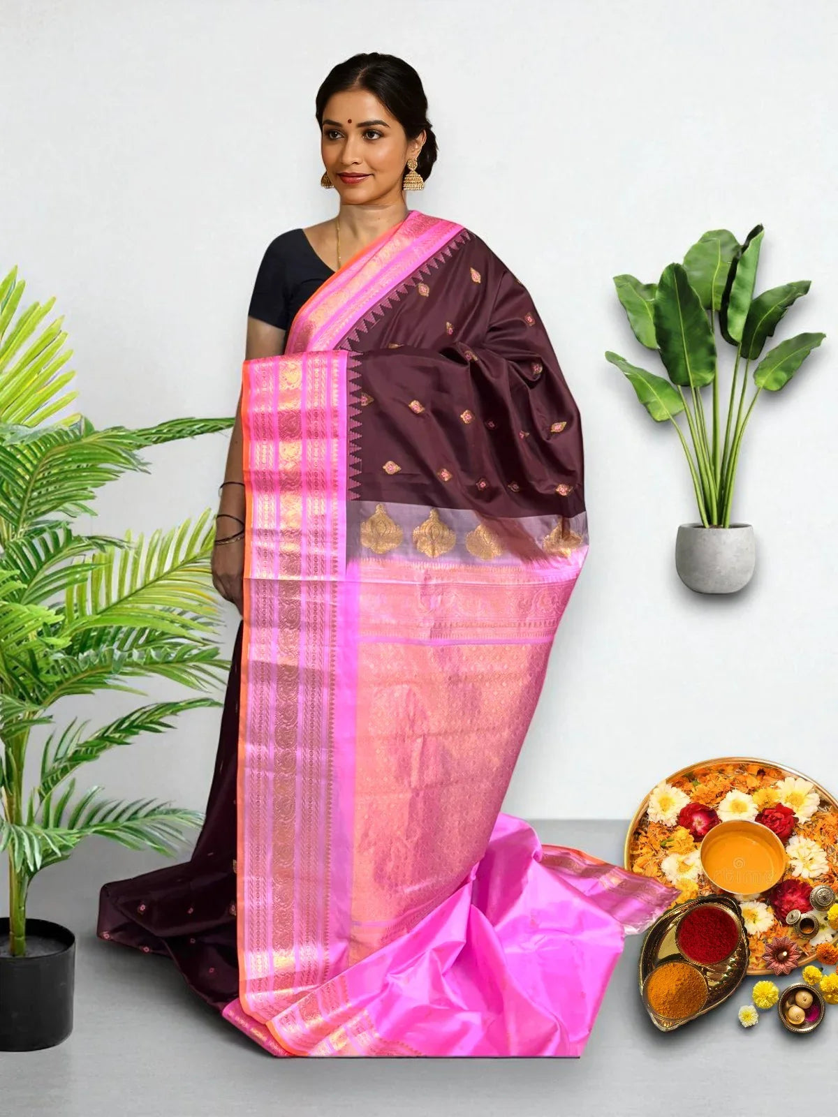 GADWAL PURE SILK HANDLOOM SAREE BROWN - pochampallysarees.com