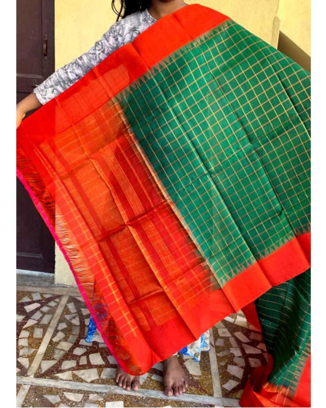 GADWAL SILK ORANGE WITH GREEN CHECKS DUPATTA-GSD43 - pochampallysarees.com