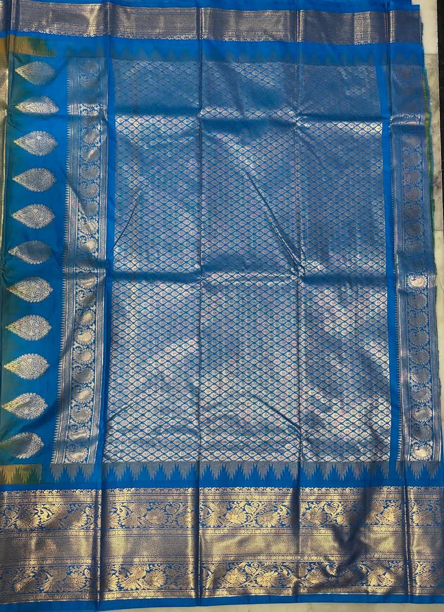 PURE GADWAL SILK YELLOW BODY BUTTI BROWN PALLU BLUE BIG BORDER AND BLOUSE BLUE SAREE - pochampallysarees.com