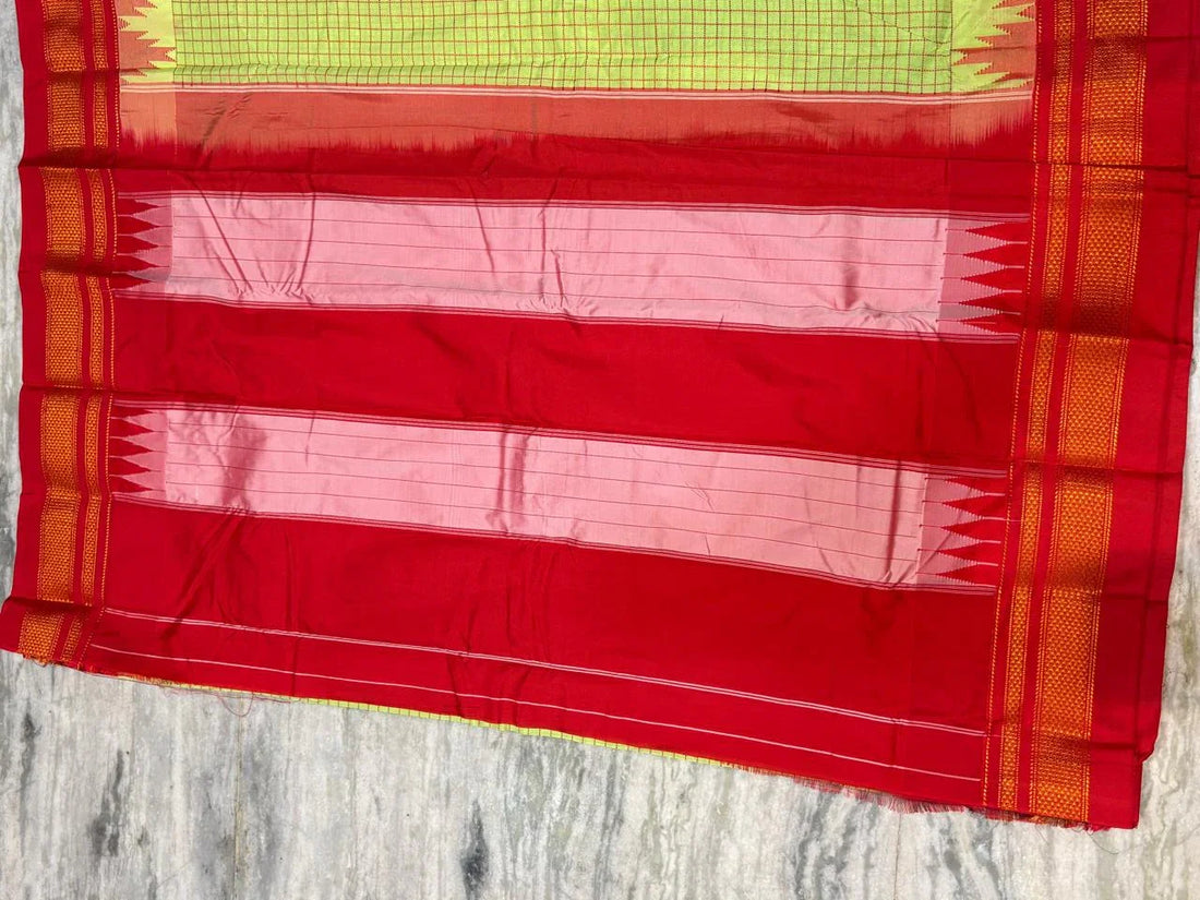 Pure Gadwal Silk Saree in Parrot Green & Red | Handloom Zari Checks with Traditional Kuttu Temple Border | Authentic Wedding & Festive Wear - pochampallysarees.com