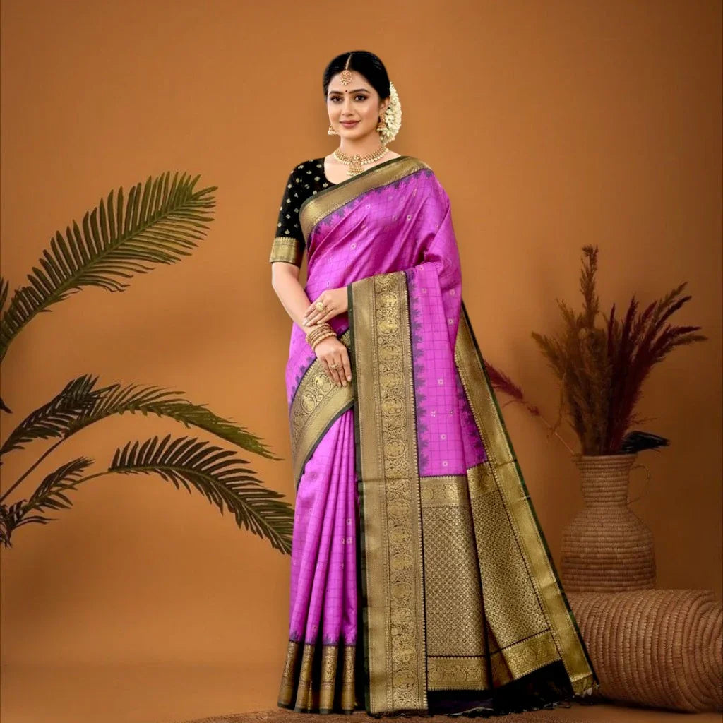 PURE GADWAL SILK PINK BODY BUTTI CHOCOLATE PALLU BLUE BIG BORDER AND BLOUSE BLUE SAREE - pochampallysarees.com