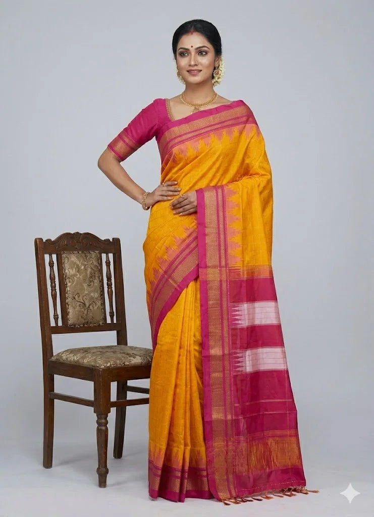 Gadwal Silk Saree in Mustard Yellow & Magenta Pink with Zari Temple Border | Handloom Checks Design - pochampallysarees.com