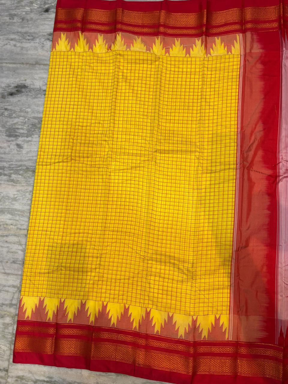 Authentic Gadwal Silk Saree Yellow Checks - Red Kuttu Border & Striped Pallu for Weddings - pochampallysarees.com