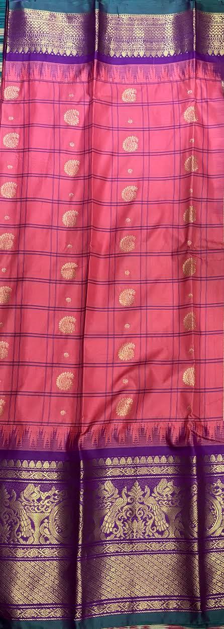 PURE GADWAL SILK PINK BODY BUTTI LAVENDER PALLU BLUE BIG BORDER AND BLOUSE BLUE SAREE - pochampallysarees.com