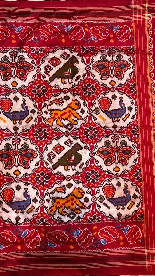 Authentic Pochampally Ikkat Patola Silk Saree with Traditional Elephant & Cart Motifs - pochampallysarees.com